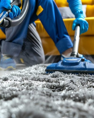 Carpet cleaner using vacuum on grey rug in living room