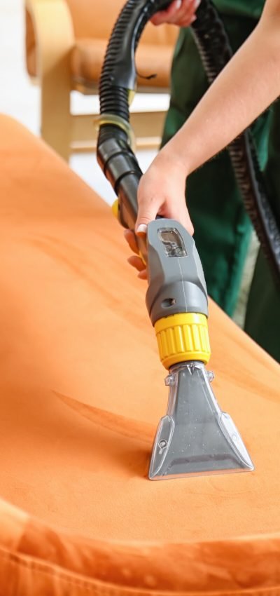 Dry cleaner's employee removing dirt from sofa in house