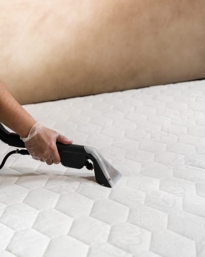 Dry wash cleaner is removing dirt and dust from mattress using dry cleaning extraction machine. Line on mattress after extraction water and detergent of dry cleaning extractor machine