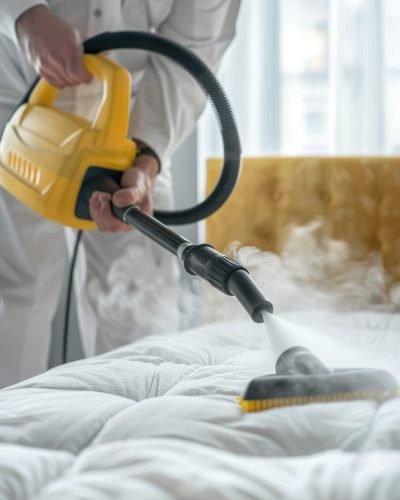 Professional steam cleaning of upholstered furniture in the home interior. Cleaning service. Vertical photo. High quality photo